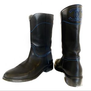 Chanel black leather logo boots + blue stitching